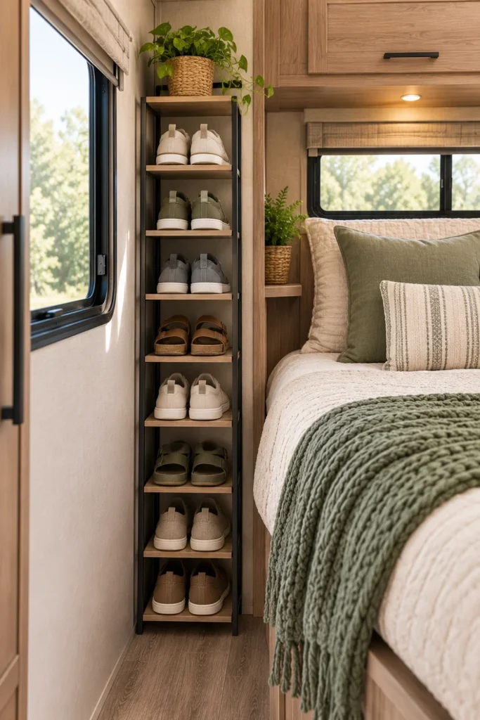 Slim vertical shoe rack beside an RV bed