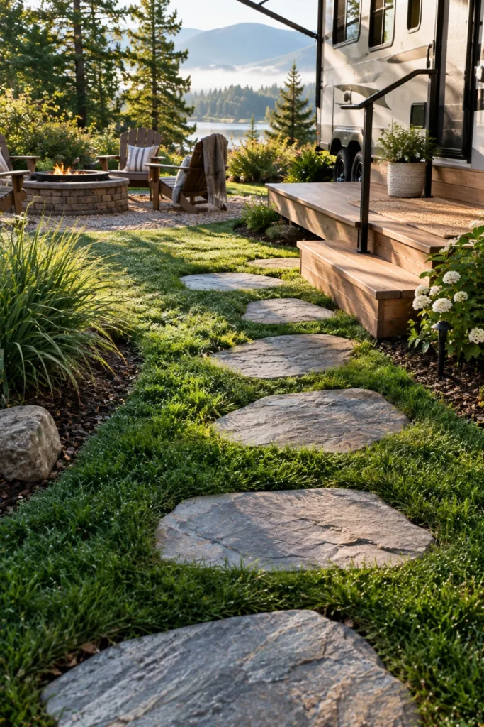 Flat natural flagstone stepping stones embedded flush into grass on an RV site walkway.