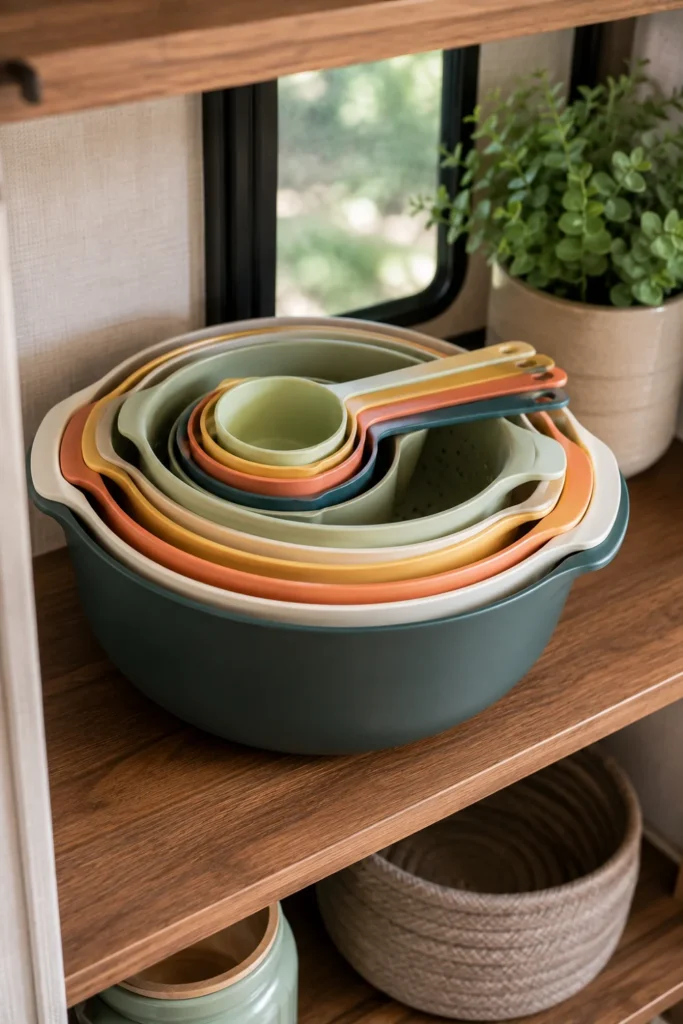Color-coordinated nesting mixing bowl set sitting compactly on an RV kitchen shelf.