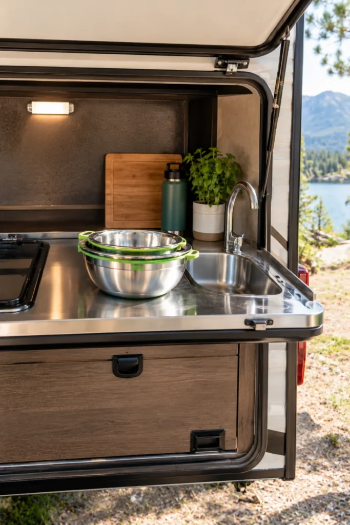 Nesting stainless steel dog bowls sitting on the countertop of an exterior RV outdoor kitchen.