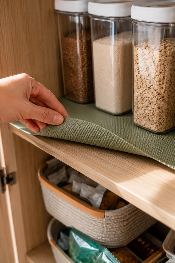 Textured rubber non-adhesive grip shelf liner being laid down on a wooden camper pantry shelf.