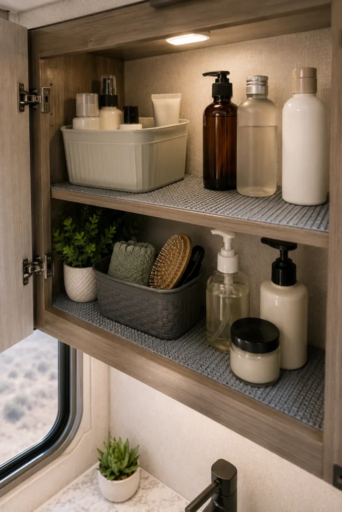 Textured non-skid silicone shelf liner preventing toiletry bottles from sliding in an RV cabinet.