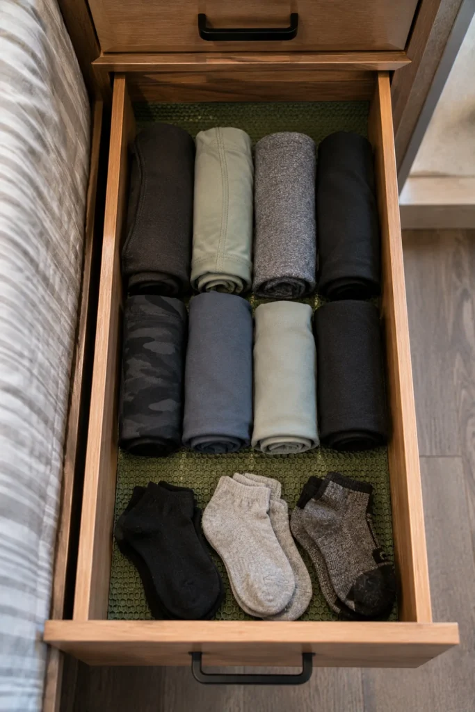 A shallow RV clothing drawer lined with a sage green non-slip grip mat holding rolled activewear in place.