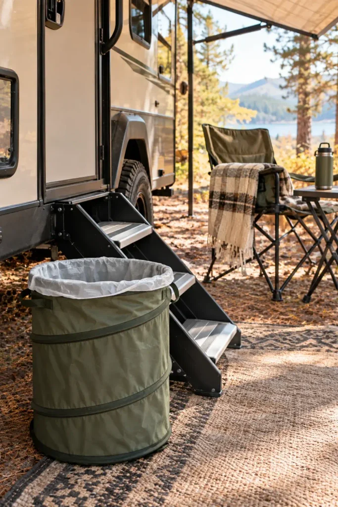 Collapsible spring-frame pop-up trash bin sitting outside on a campsite patio rug beside RV steps.