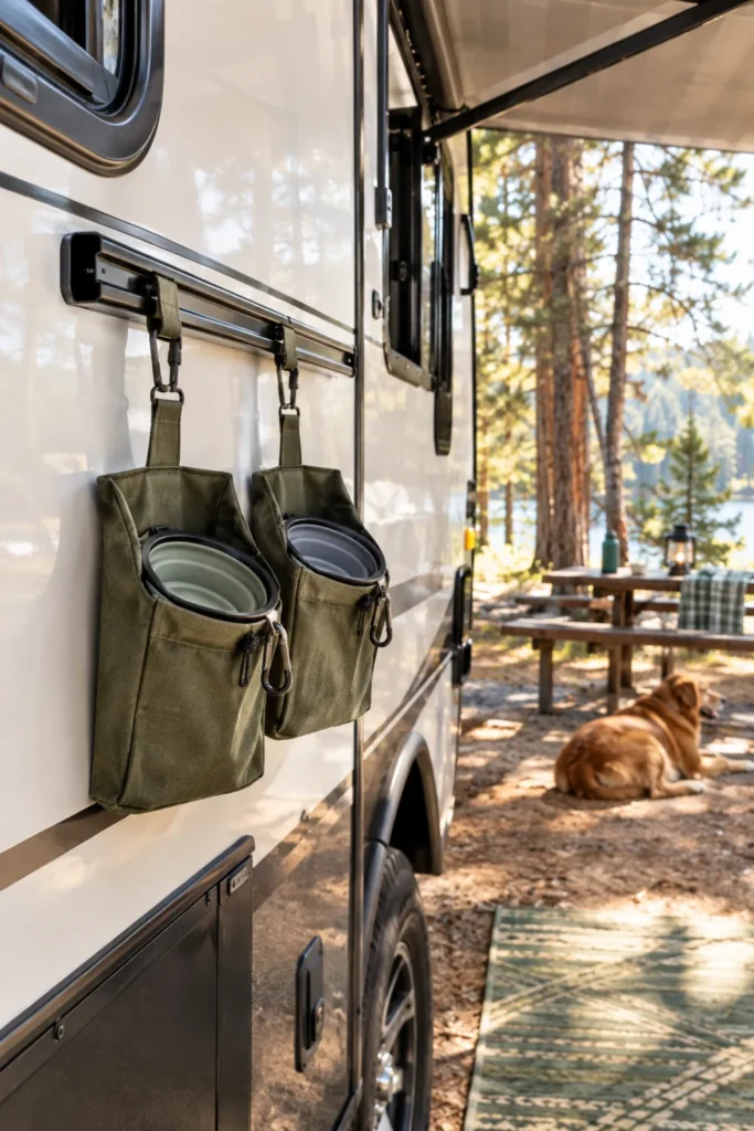 Hanging outdoor canvas pet food pouch mounted to an RV exterior rail under an awning.