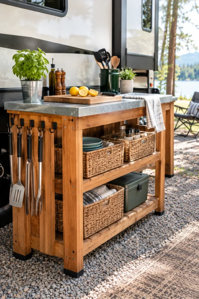 Cedar potting bench with a metal top used as an outdoor food prep station beside an RV.
