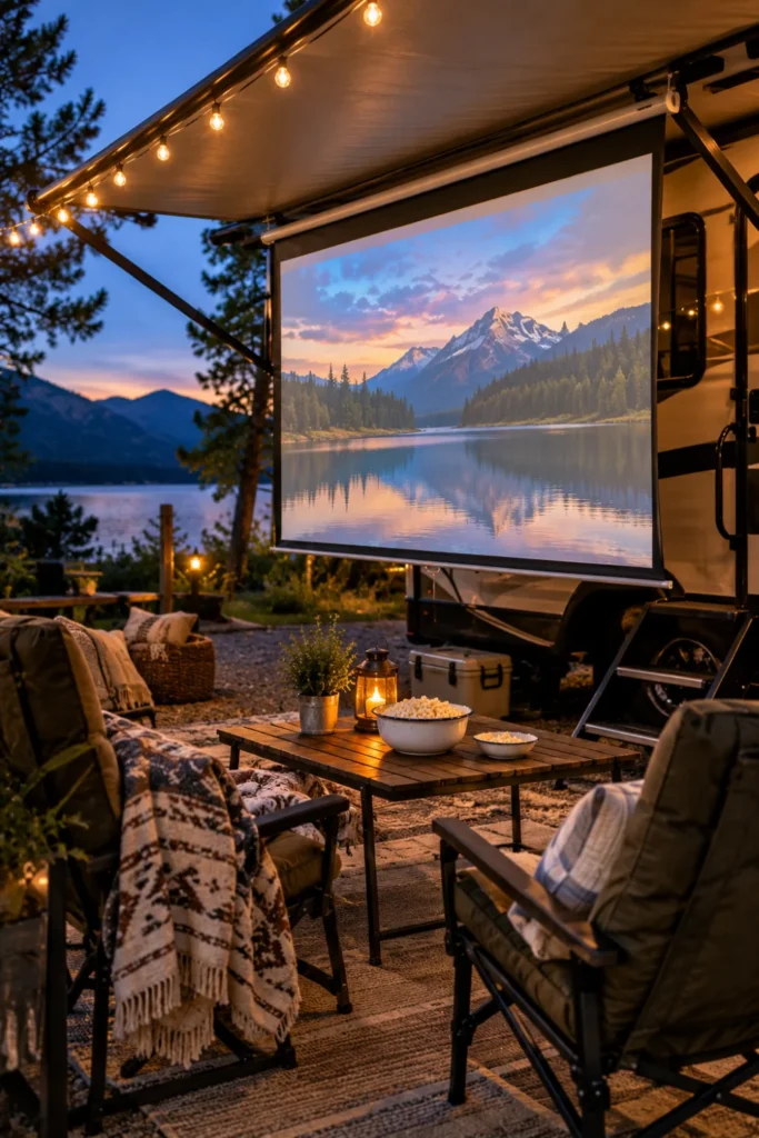 Pull-down outdoor projector screen hung beneath an RV awning for campsite movie night.
