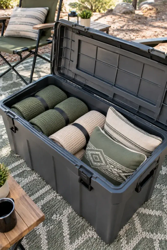 Weather-resistant resin storage trunk filled with rolled camp blankets and outdoor cushions on an RV patio.