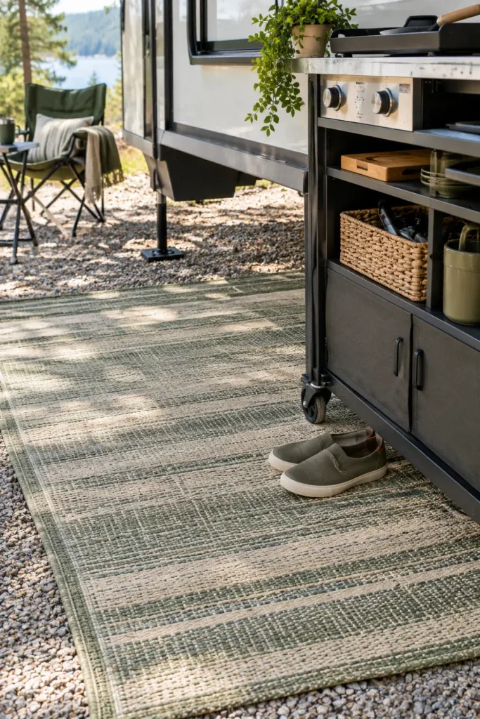 Open-weave polypropylene outdoor patio mat laid out in front of an RV exterior cooking station.