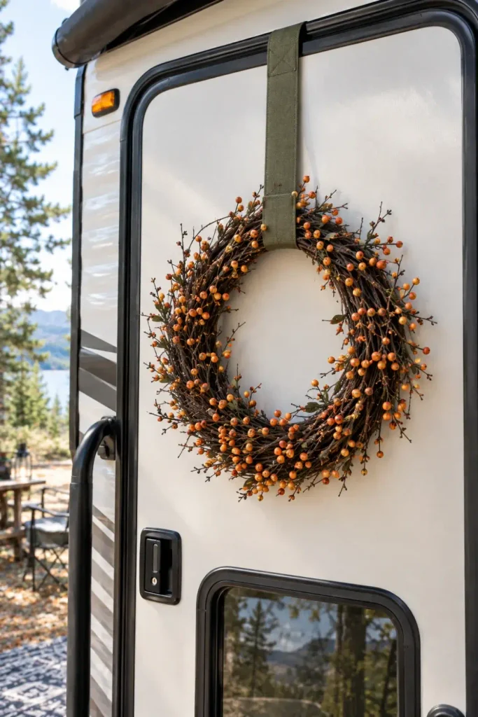 Twig and bittersweet berry wreath suspended by a flat olive canvas ribbon strap over a camper door.