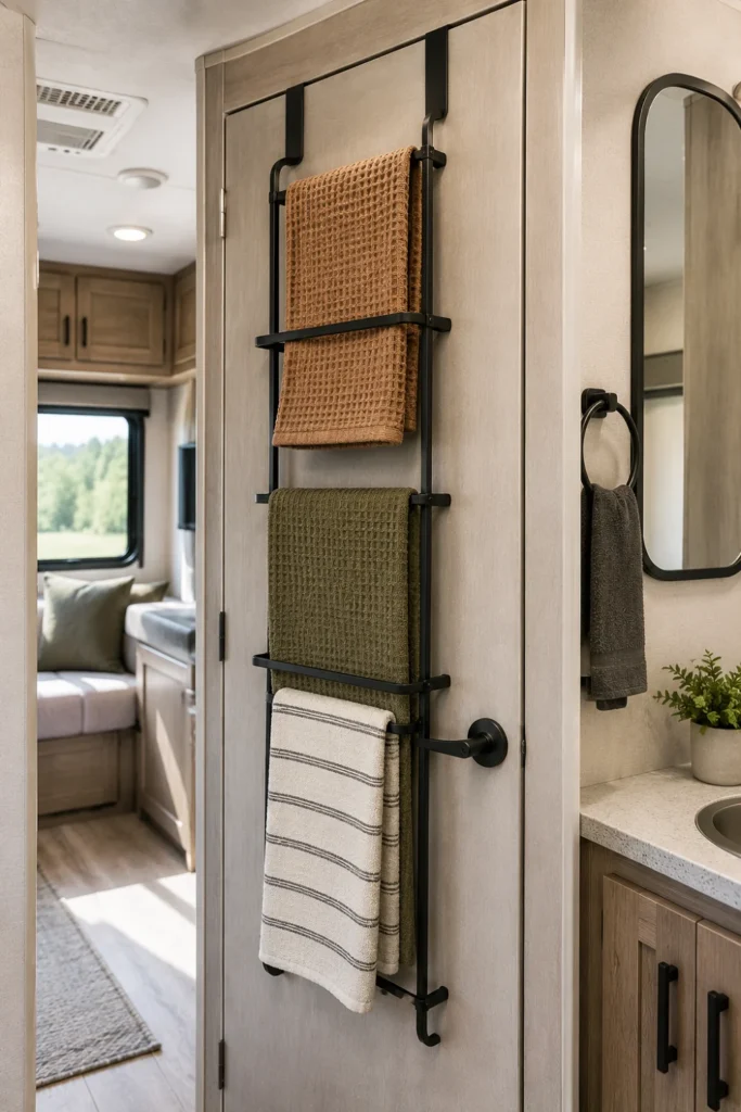Over-the-door tiered towel ladder holding waffle-knit bath towels on an RV bathroom door.