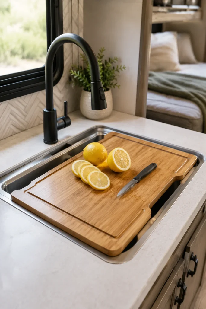 Fitted bamboo cutting board resting over an RV sink basin to create extra meal prep counter space.