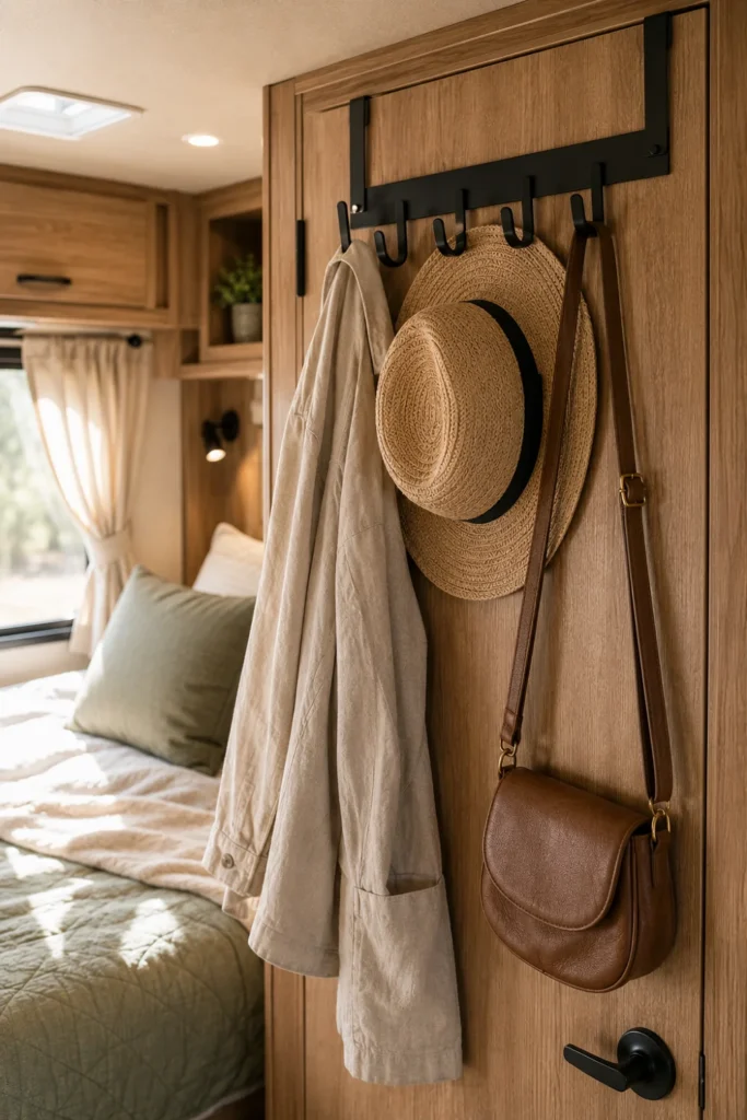 An over-the-door storage rack attached to an RV closet door holding a linen jacket and straw hat.