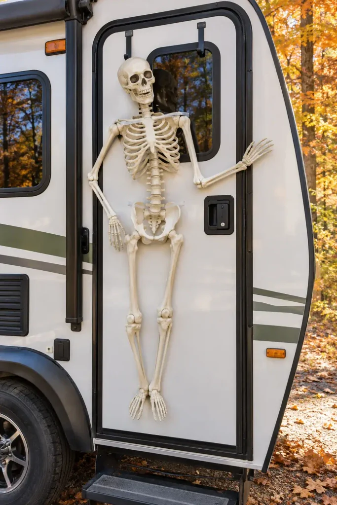 Full-size lightweight skeleton hanging flat against an RV door using low-profile over-the-door hooks.