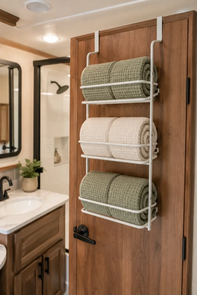 Multi-tier metal towel rack hanging over the back of an RV bathroom door with fluffy towels.