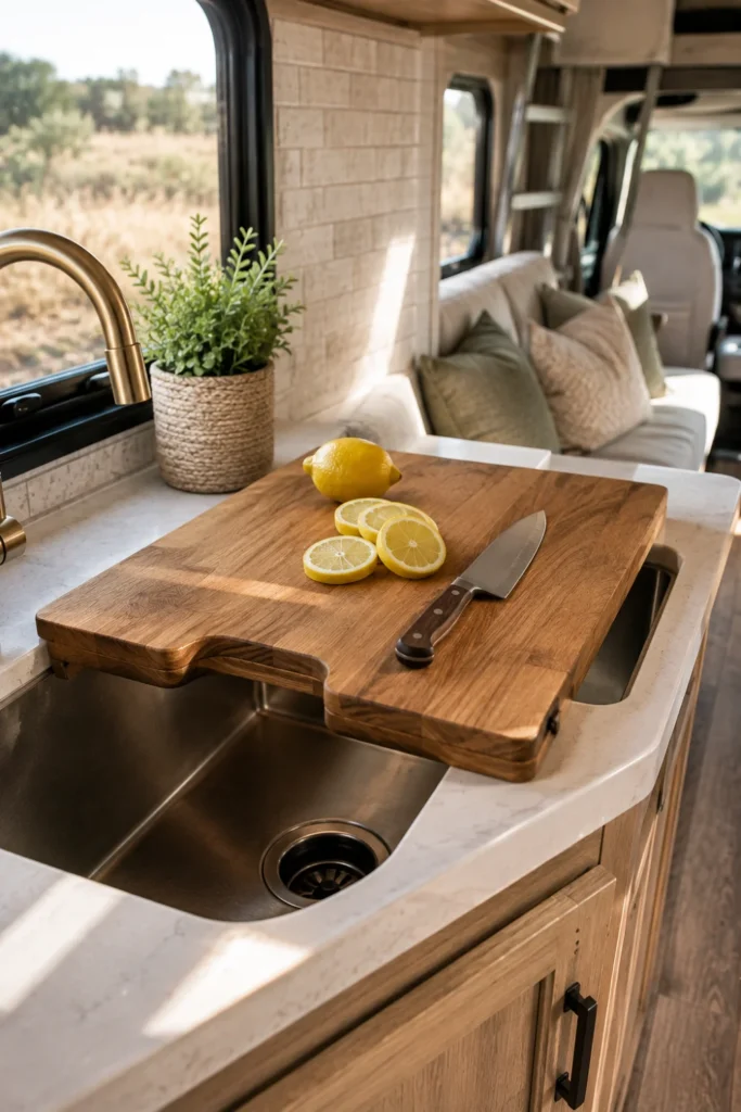 Wooden cutting board cover fitted over a camper sink basin with chopped lemons on top.