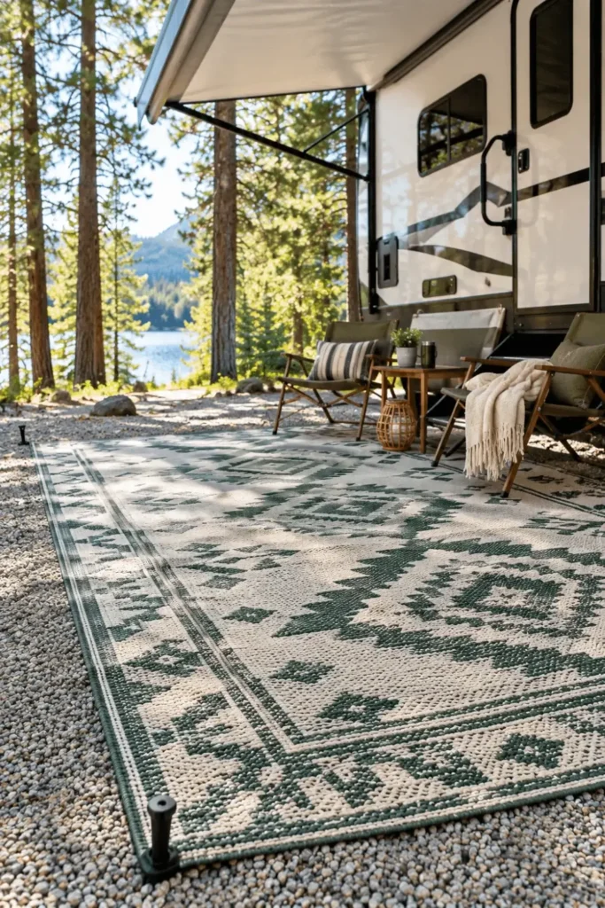 Large woven recycled plastic patio rug laid out under an RV awning on a gravel campsite.
