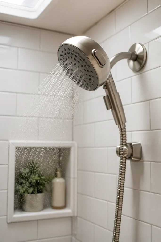 Modern water-saving oxygenating showerhead mounted inside a renovated RV bathroom shower stall.