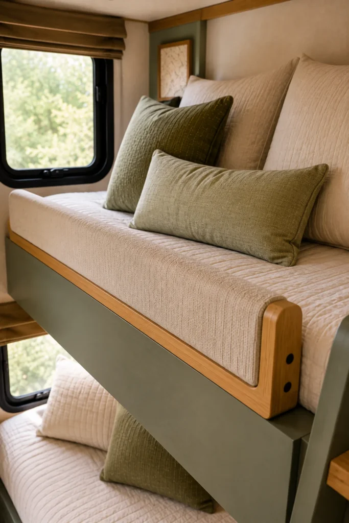 Upholstered fabric-covered wooden pillow rail attached along the side edge of an upper camper mattress.