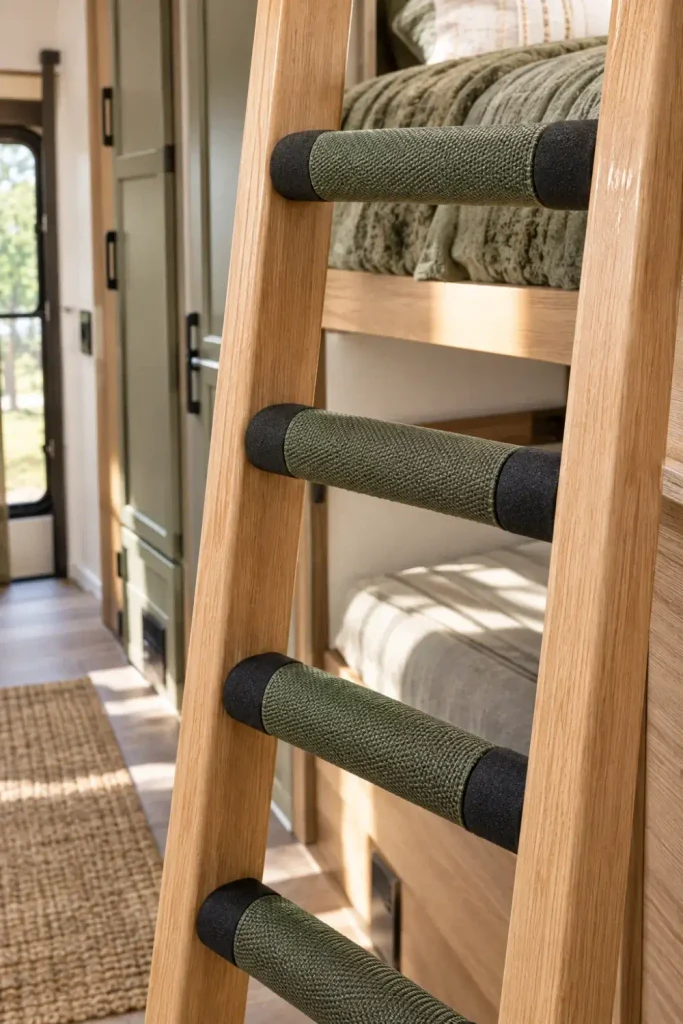 RV bunk bed ladder rungs wrapped with soft foam insulation and textured non-slip grip tape.
