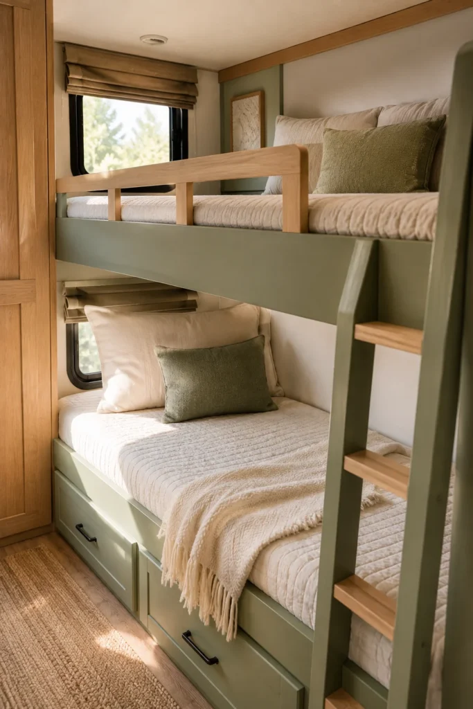 DIY painted sage green RV bunkhouse bed frame finished in washable satin paint with light wood trim.