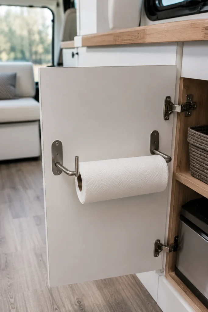 Stainless steel paper towel dispenser mounted to the interior face of an RV lower cabinet door.