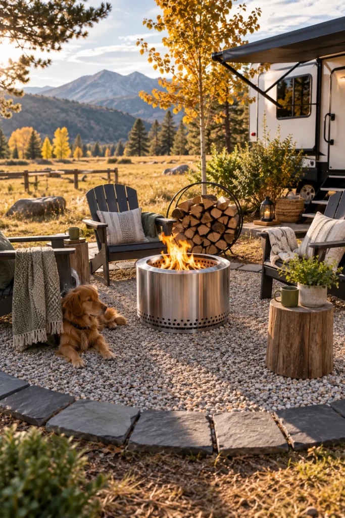 Defined circular pea gravel fire pit area with slate edging and a smokeless fire pit at an RV camp.
