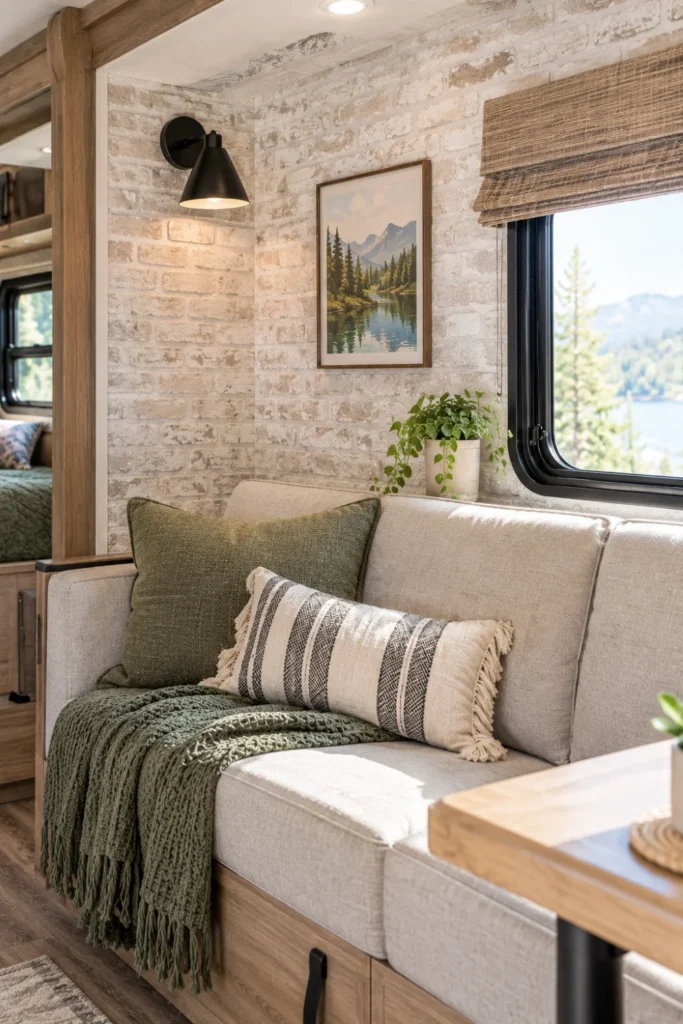 Whitewashed peel-and-stick brick accent wall behind a camper sofa.