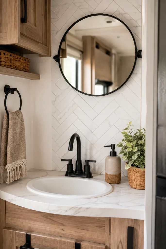 Peel and stick herringbone wall tile installed as a moisture barrier behind a modern RV camper vanity sink.