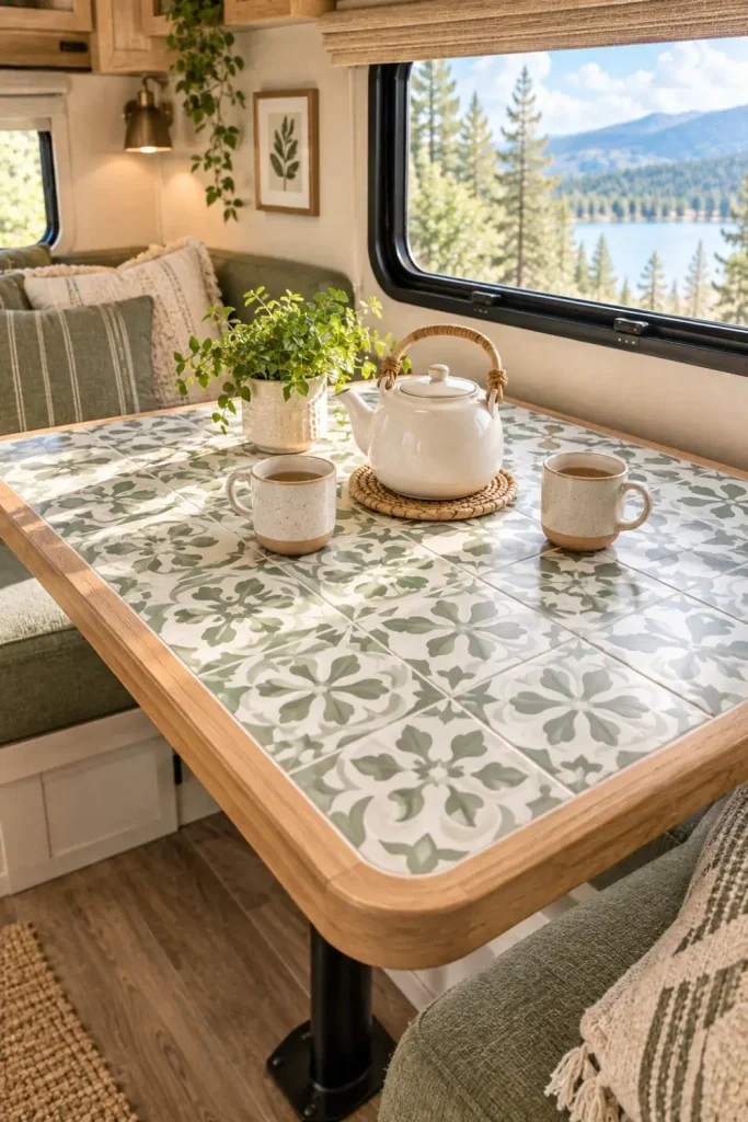Custom DIY RV dinette tabletop finished with sage green Moroccan vinyl peel and stick tiles and wood trim.
