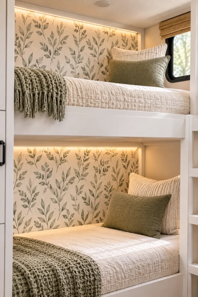 Modern botanical peel-and-stick accent wallpaper on the back wall of a painted white RV bunk bed.