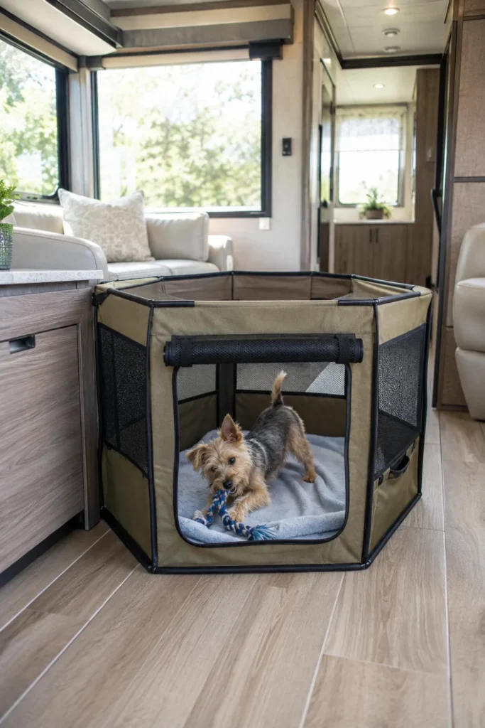 Octagonal pop-up canvas dog playpen setup on the floor of an extended RV slide-out.