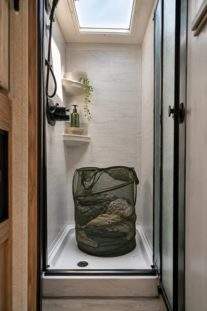 A collapsible green mesh hamper holding dirty clothes inside an RV shower pan.
