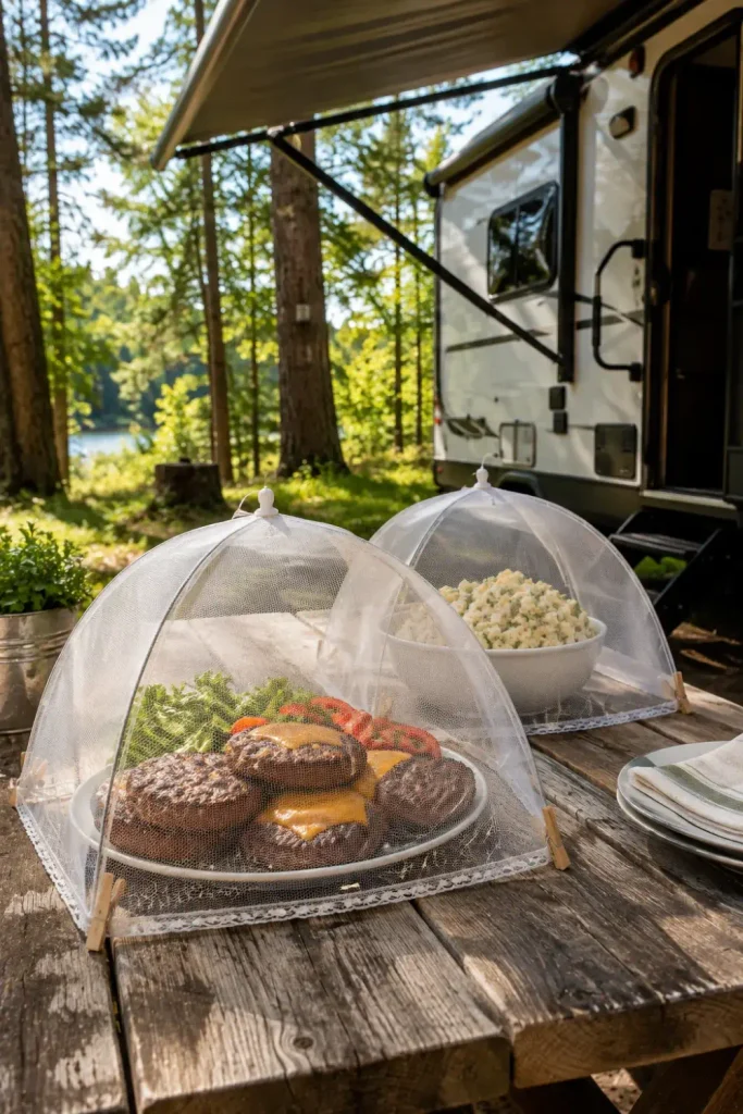Pop-up mesh food umbrella tents protecting grilled burgers on a campsite picnic table.