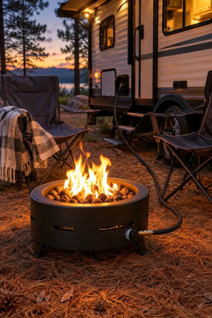 Compact propane fire pit with clean flames burning on lava rocks outside a camper at dusk.