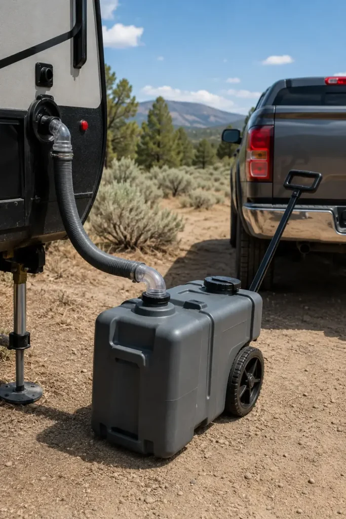 Wheeled portable RV grey water tote tank connected to a camper waste outlet with a sewer hose.