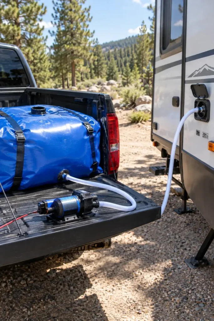 Portable RV drinking water bladder in a truck bed connected to a 12V transfer pump refilling a camper.