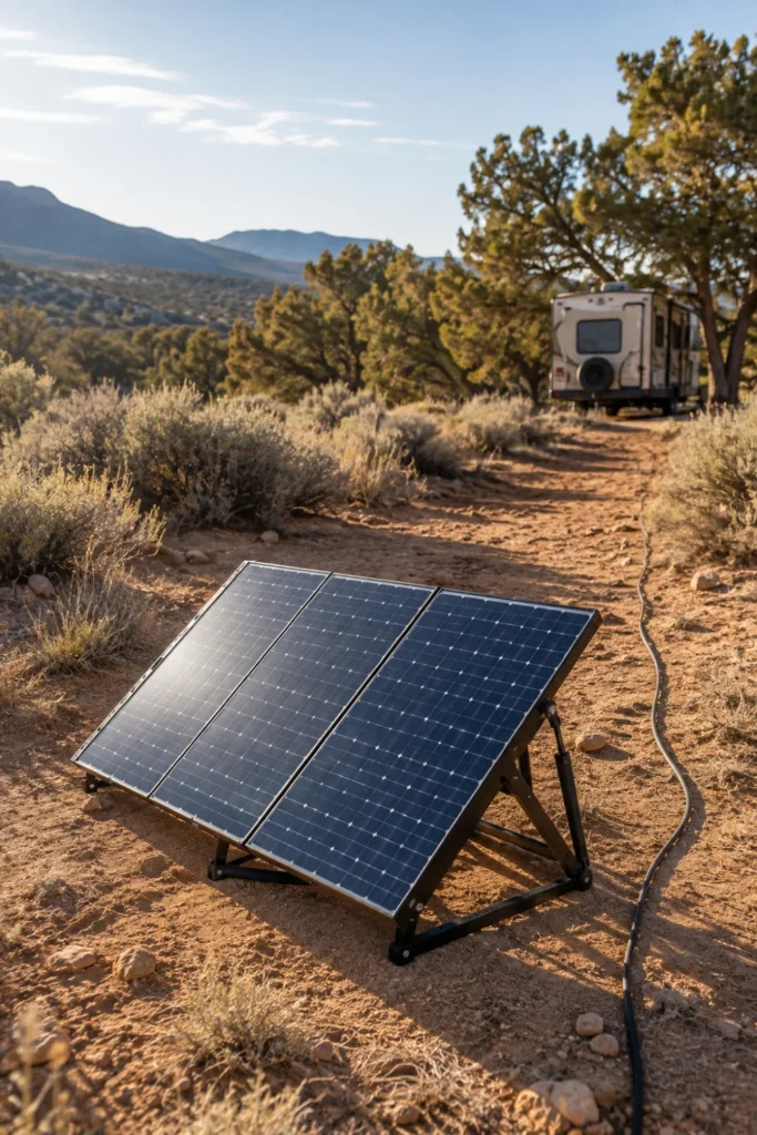 Folding portable solar panel suitcase with adjustable kickstands angled toward the sun in a scenic desert campsite.