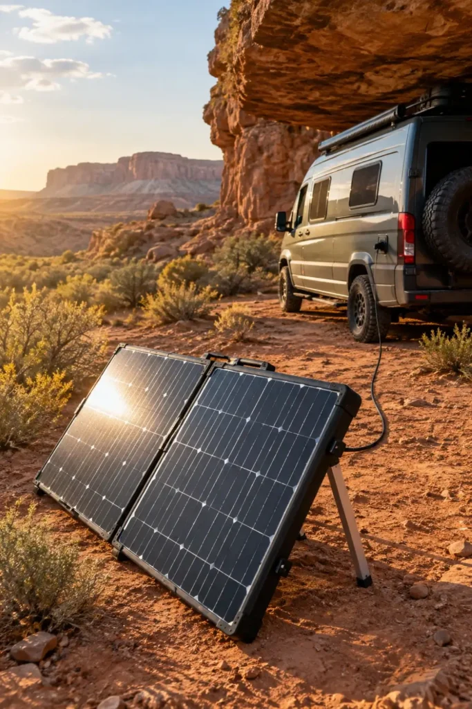 Portable folding solar suitcase propped on a kickstand in the sunlight powering a shaded RV.