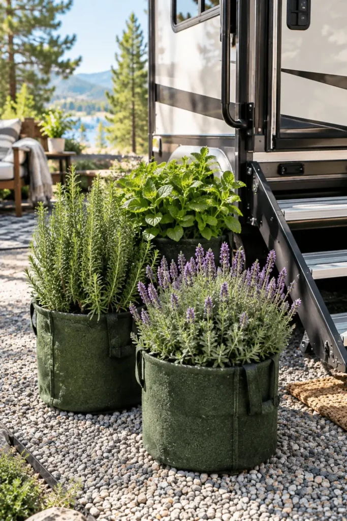 Cluster of potted fresh herbs in fabric planters sitting near the RV entry stairs.