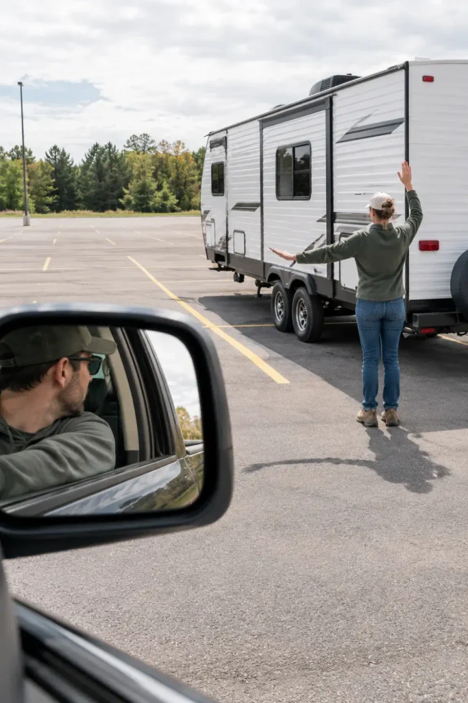 Spotter using clear hand signals to guide an RV driver backing up a travel trailer in an empty parking lot.
