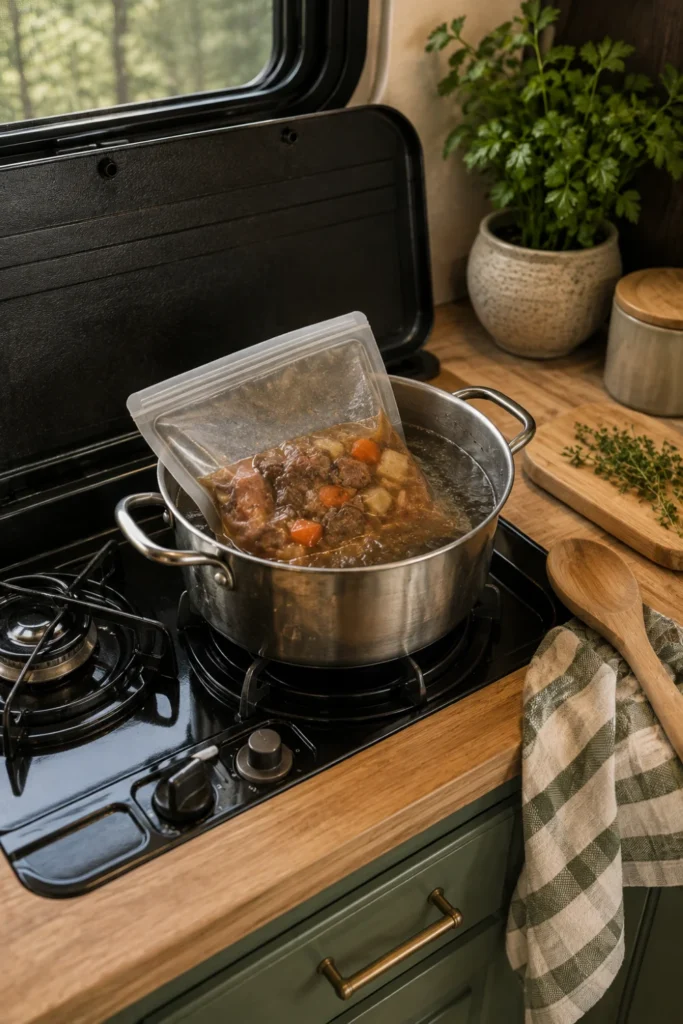 Reheating a flat vacuum-sealed meal bag in a shallow pot of simmering water on an RV gas stove.