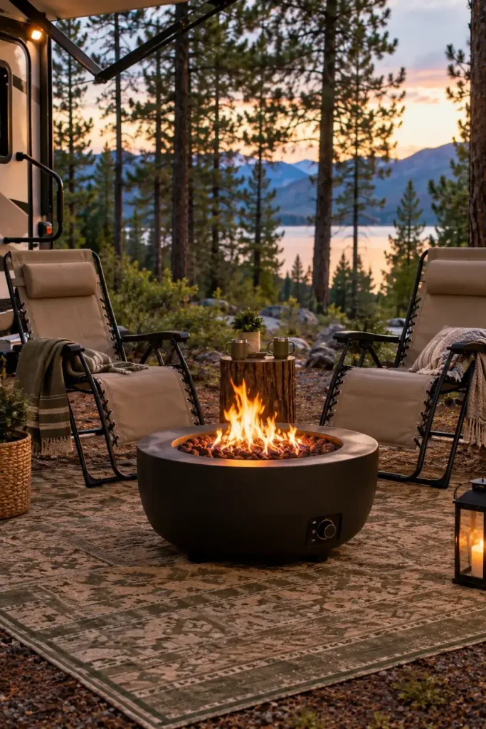Zero gravity camping chairs positioned around a portable propane fire pit on an RV patio mat at dusk.