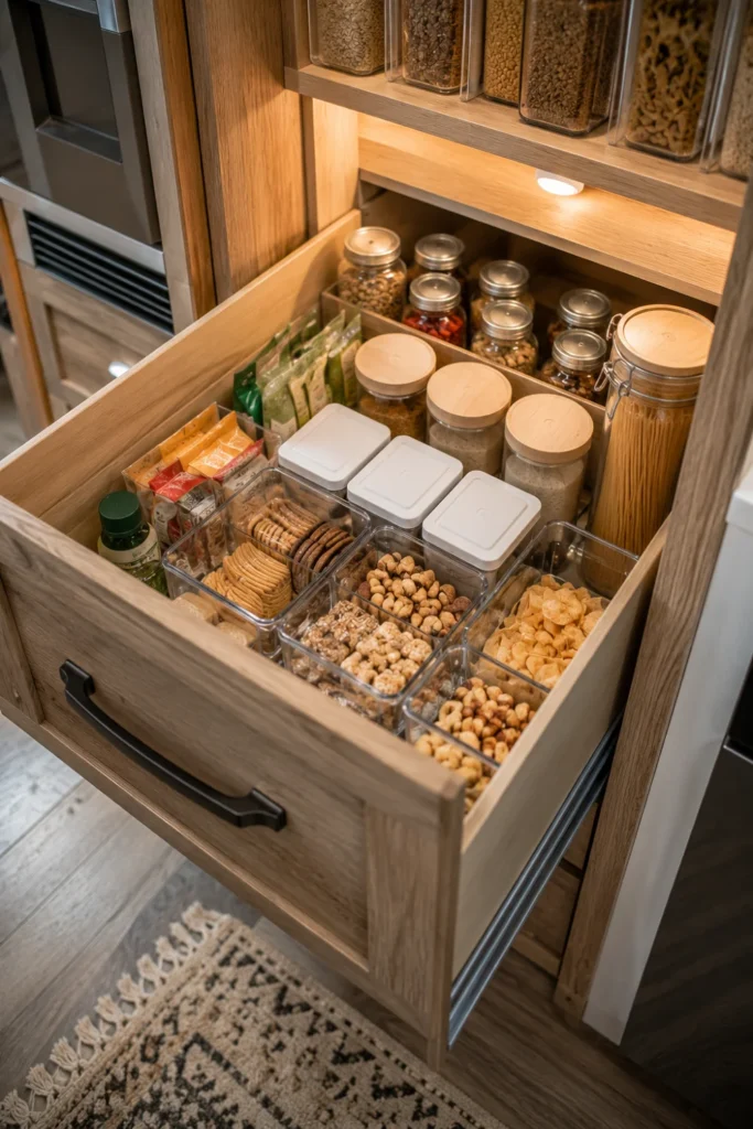 Fully extended wood pull-out pantry drawer showing clear top-down view of organized camper supplies.