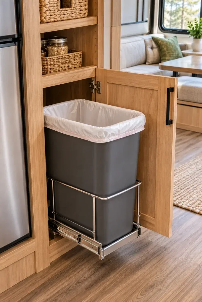 Pull-out metal slider drawer holding a tall kitchen trash can inside an open RV pantry cabinet.