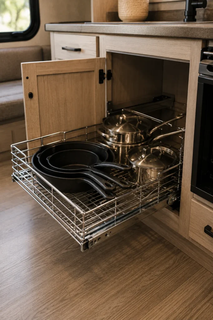 Pull-out chrome sliding wire drawer holding heavy cast iron skillets and pots in an RV lower base cabinet.