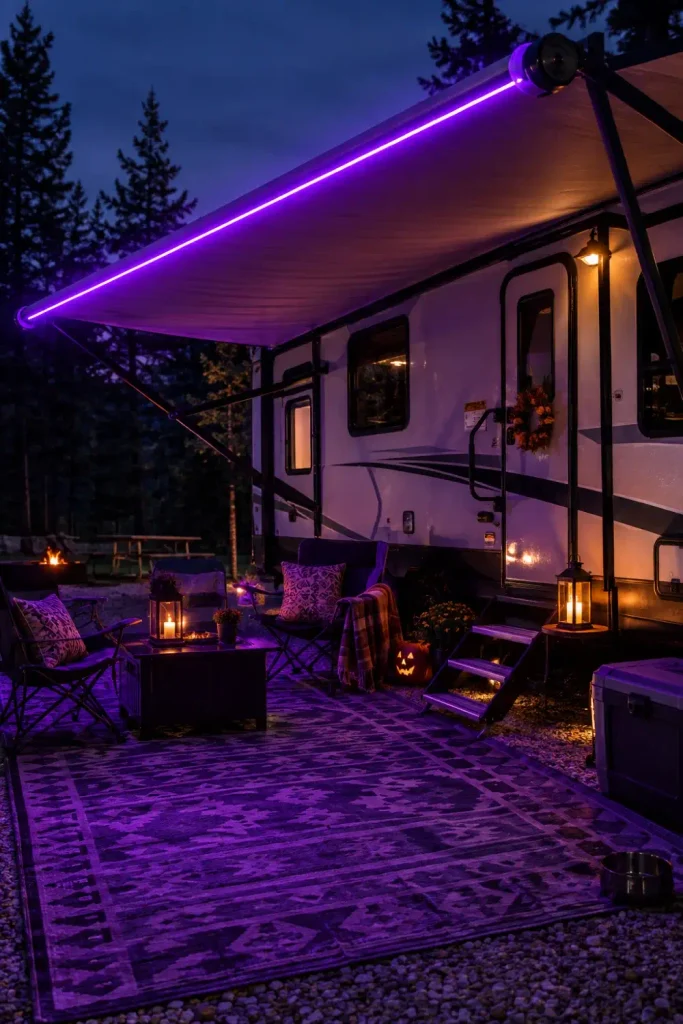 Waterproof purple LED rope light framing the front roller edge of a camper awning at night.