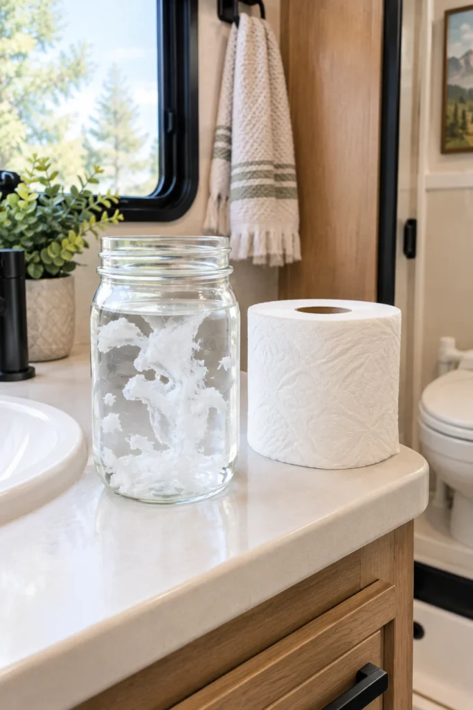 Clear glass jar with water demonstrating rapid-dissolving RV toilet paper beside a camper bathroom vanity.
