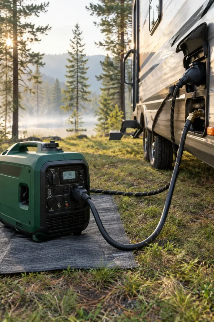 Quiet enclosed dual fuel inverter generator connected to an RV power inlet cord in a forest campsite.