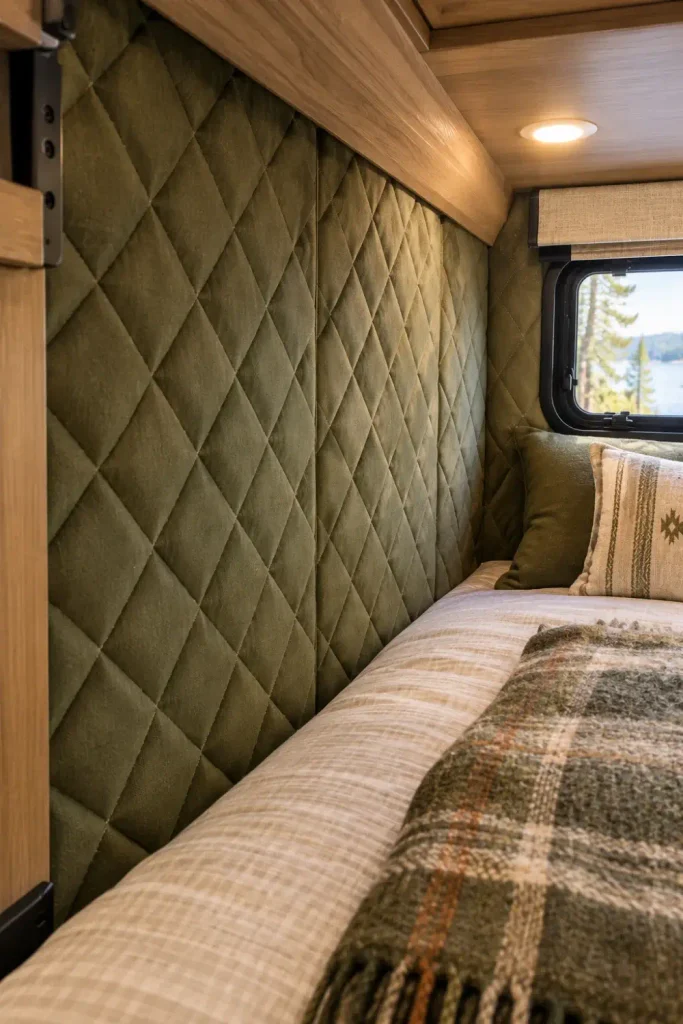Diamond-quilted upholstered wall panels lining the cold exterior wall of an RV bunk bed.
